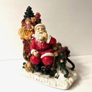 Santa Claus in Sleigh with bag stuffed with tree, toys & gift boxes ( Vtg )